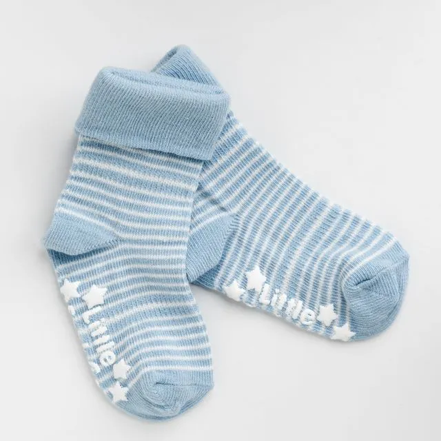 Organic Non-Slip Stay On Baby and Toddler Socks - Sky Blue Stripe 6-12 months