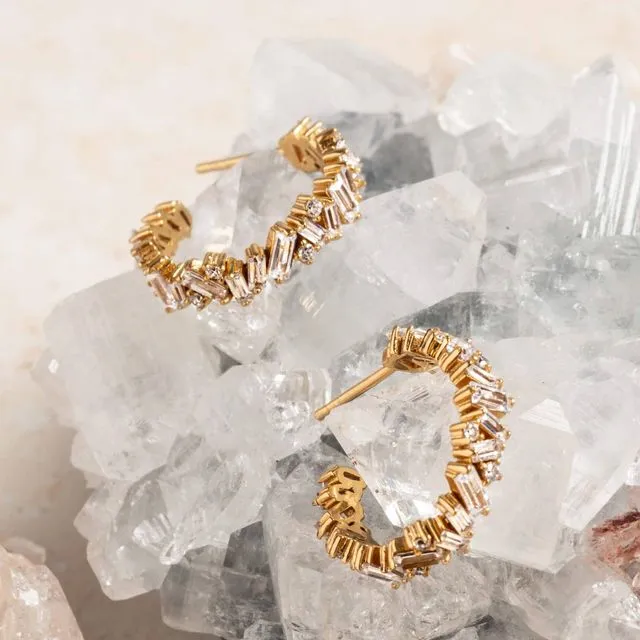 Large Gold Vermeil Sparkly Baguette Hoop Earrings