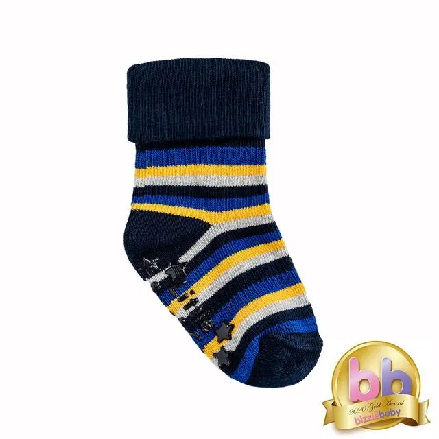 Non-Slip Stay On Socks in Grey Blue and Navy Stripe 0-6 months