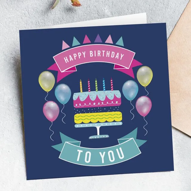Happy Birthday Cake And Balloons Card - Blue