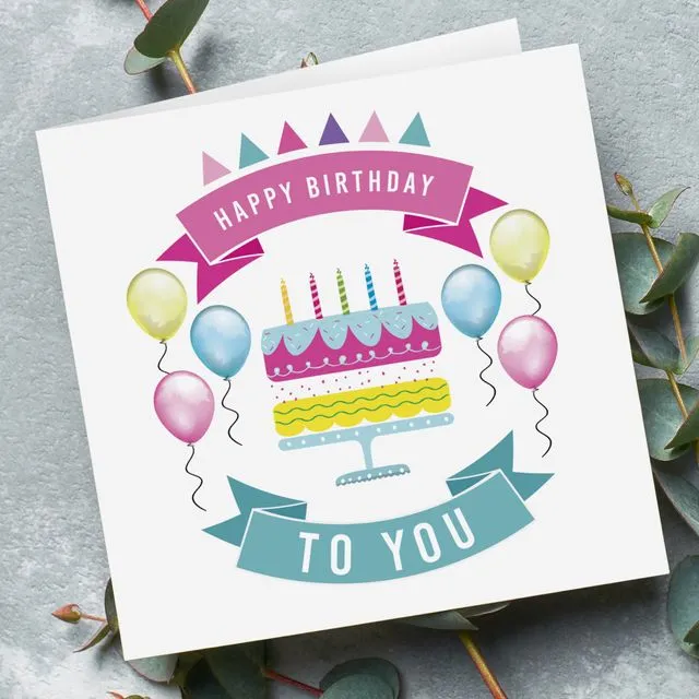 Happy Birthday Cake And Balloons Card - White