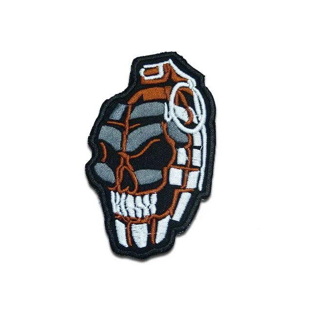 Skull Frag grenade - Iron on patches adhesive emblem stickers appliques, size: 3.78 x 2.2 inches