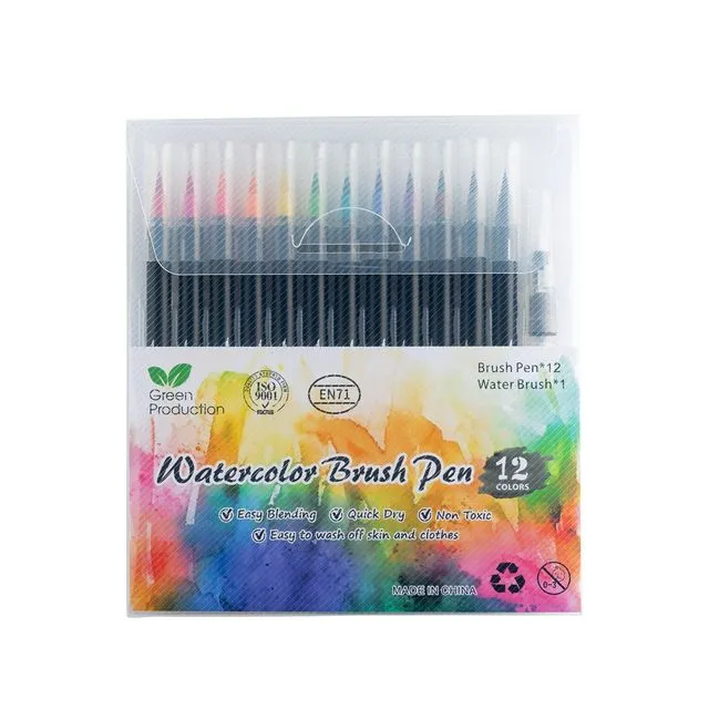 Watercolor Brush Pens 12 Vibrant Markers Pre-Filled Color Precision Soft Nylon Brush Tips Ideal for Coloring, Calligraphy, Painting, Drawing