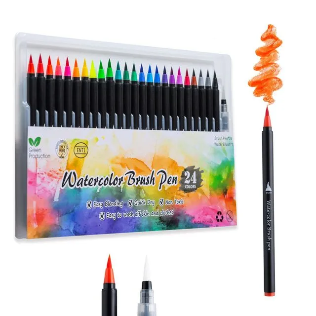 Watercolor Brush Pens 24 Vibrant Markers Pre-Filled Color Precision Soft Nylon Brush Tips Ideal for Coloring, Calligraphy, Painting, Drawing