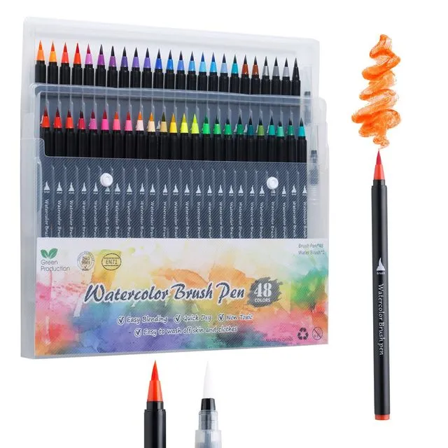 Watercolor Brush Pens 48 Vibrant Markers Pre-Filled Color Precision Soft Nylon Brush Tips Ideal for Coloring, Calligraphy, Painting, Drawing