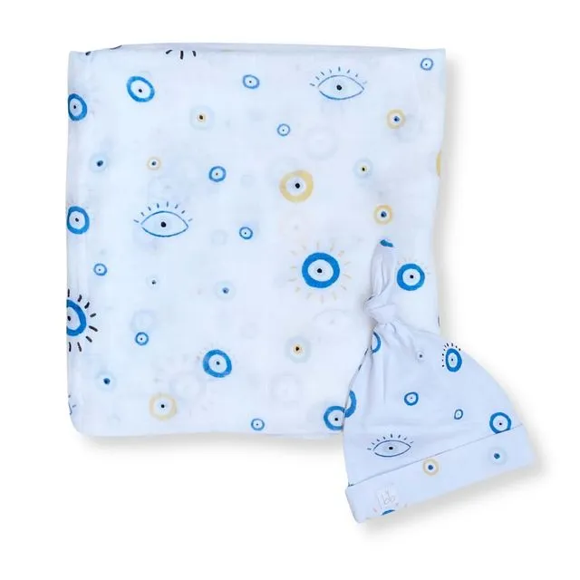 Bamboo Muslin Swaddle Blanket & Topknot Set - Eye See You