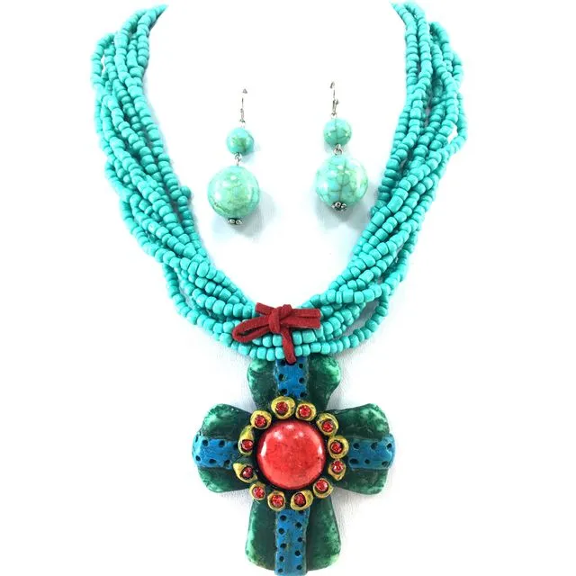 Chunky Bead Large Cross Necklace Earrings Set