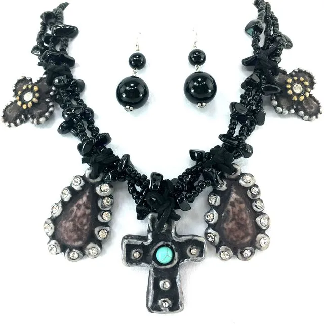 Chunky Bead Small Cross Stone Charms Necklace Earrings Set