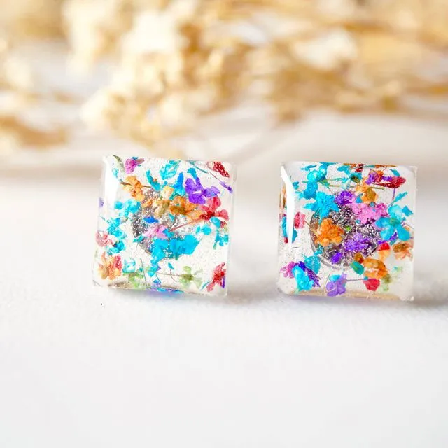 Real Pressed Flowers and Resin Square Stud Earrings