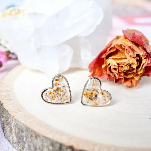 Real Pressed Flowers and Resin Stud Earrings Silver Hearts Earrings