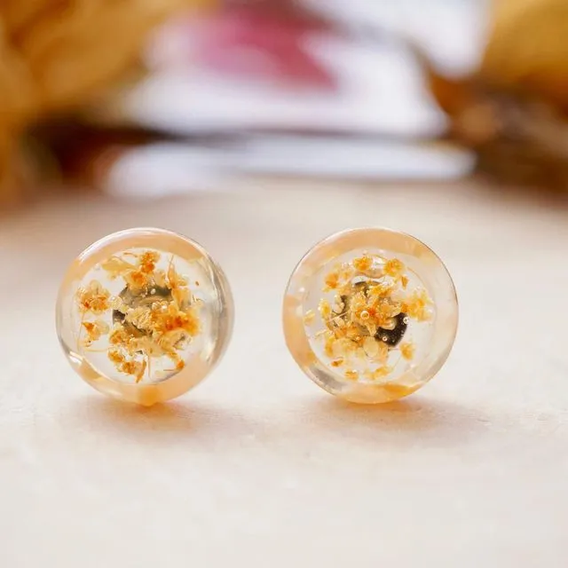 Real Pressed Flowers and Resin, Circle Stud Earrings in Orange