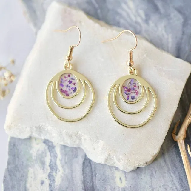 Real Pressed Flowers Earrings, Gold Drops in Purples