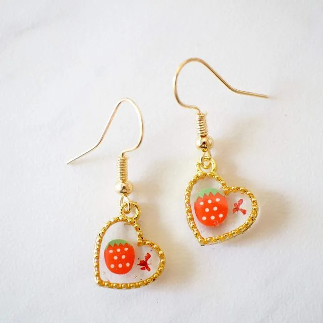 Real Pressed Flowers Earrings, Gold Heart Drops in Red and Strawberry