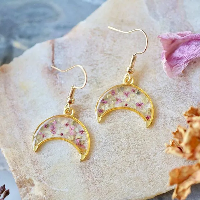 Real Pressed Flowers Earrings, Gold Moon Drops in Pink with Glass Glitter