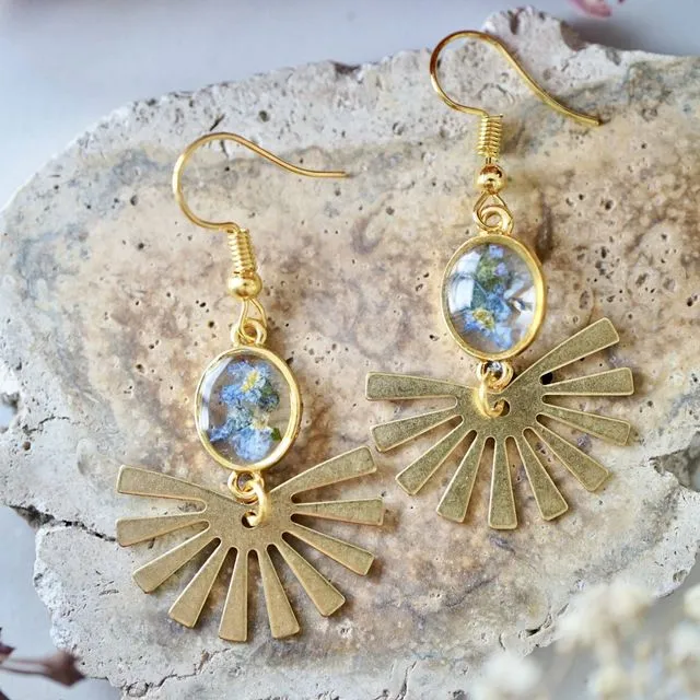 Real Pressed Flowers Earrings, Gold Sun Beam Drops with Forget Me Nots