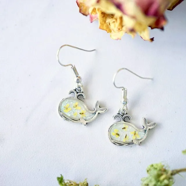 Real Pressed Flowers Earrings, Silver Whale Drops in Yellow