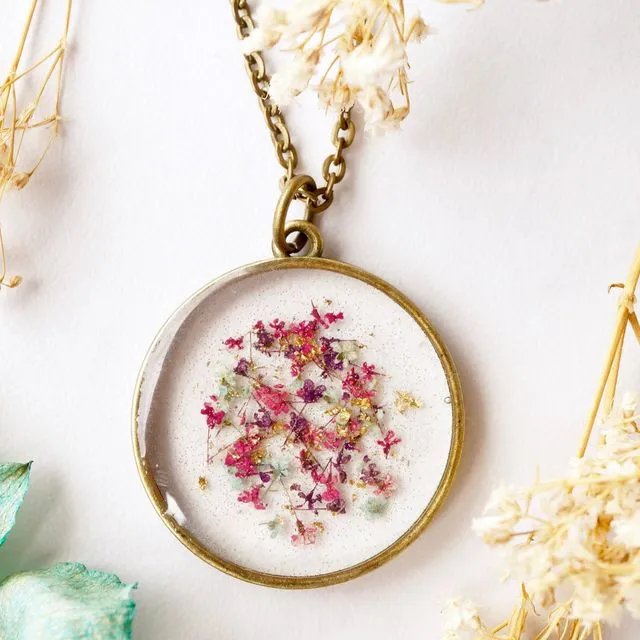 Real Pressed Flowers in Resin Circle Necklace