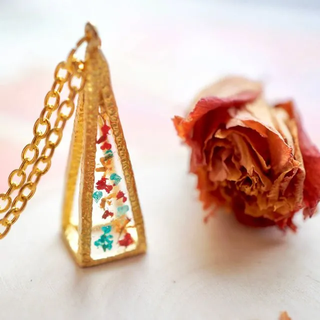 Real Pressed Flowers in Resin Gold 3D Triangle Necklace