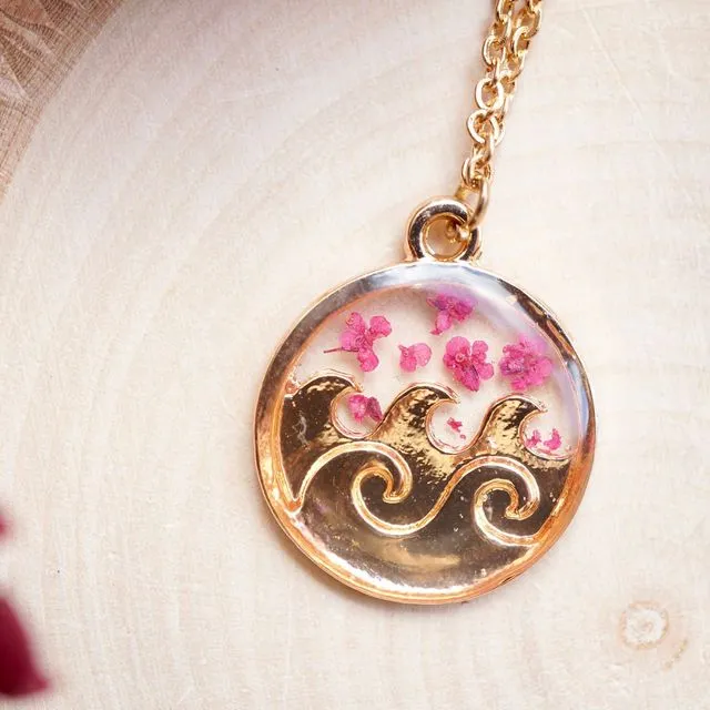 Real Pressed Flowers in Resin Gold Circle Wave Necklace