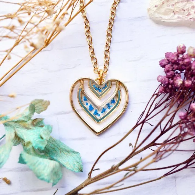 Real Pressed Flowers in Resin Gold Heart Necklace