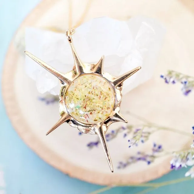 Real Pressed Flowers in Resin Gold Sun Necklace