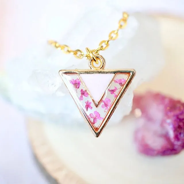 Real Pressed Flowers in Resin Gold Triangle Necklace
