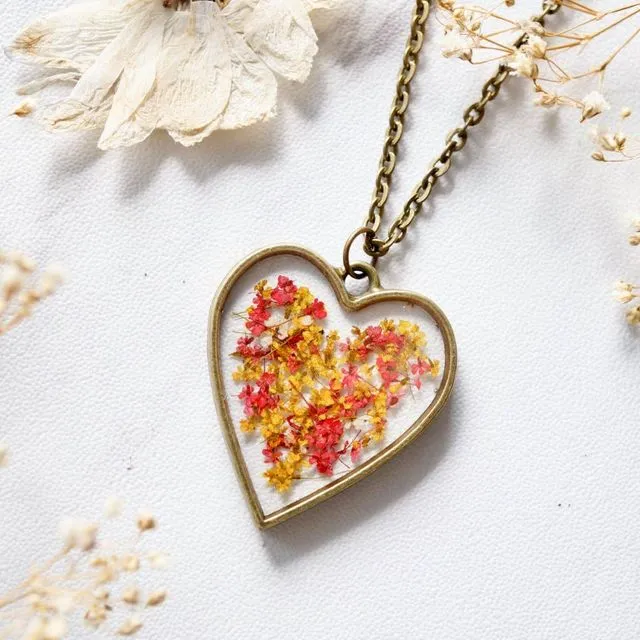 Real Pressed Flowers in Resin Heart Necklace