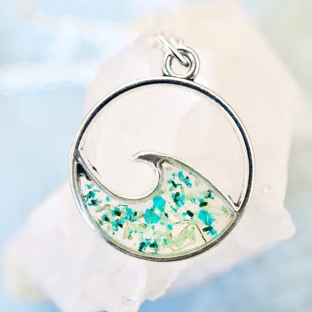 Real Pressed Flowers in Resin Silver Circle Wave Necklace