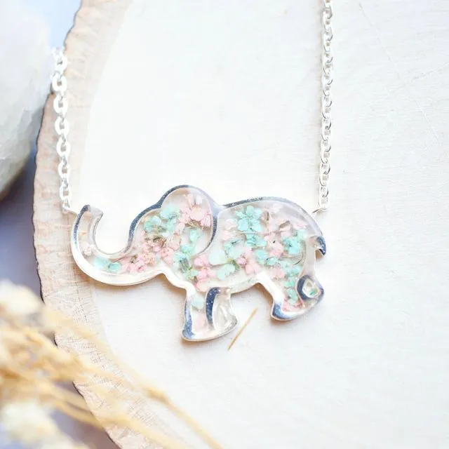 Real Pressed Flowers in Resin Silver Elephant Necklace