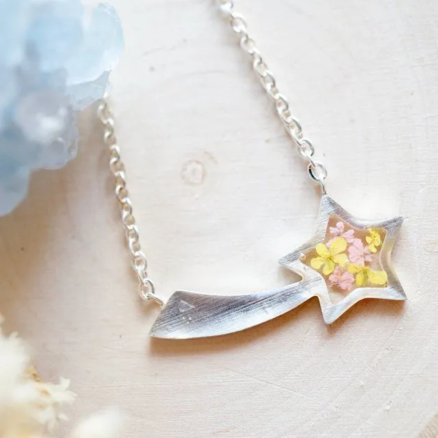 Real Pressed Flowers in Resin Silver Yellow Necklaces