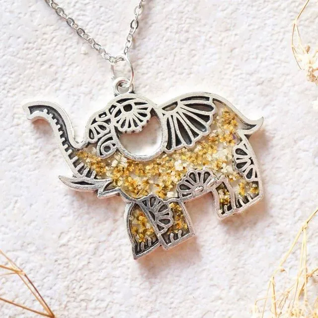 Real Pressed Flowers in Resin Silver Tribal Elephant Necklace
