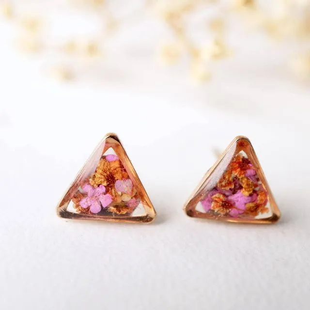 Triangle in Pink & Orange Mix Real Dried Flowers and Resin Stud Earrings - Rose Gold Frame