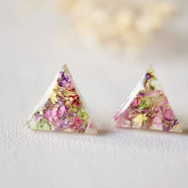 Triangle Real Dried Flowers and Resin Stud Earrings