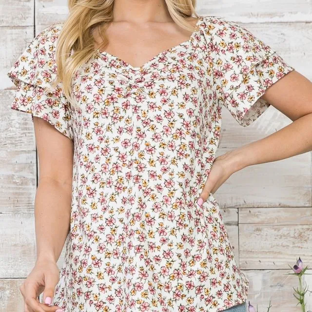 Puff Ruffle Sleeve Shirred V neck Top - Ivory Floral