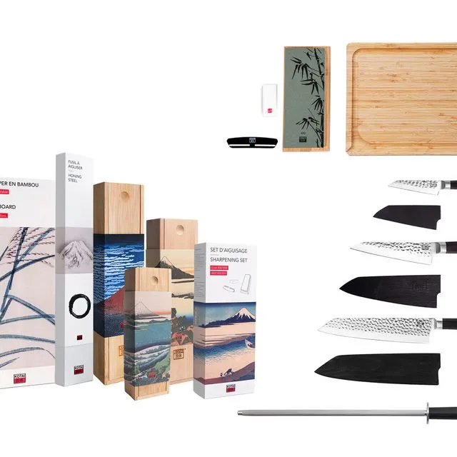 Bunka Essential Set Deluxe : 3 knives (Bunka paring knife + Bunka Petty + Kiritsuke) + 3 accessories (bamboo cutting board, hon,ing steel, 400/1000 grit sharpening set)