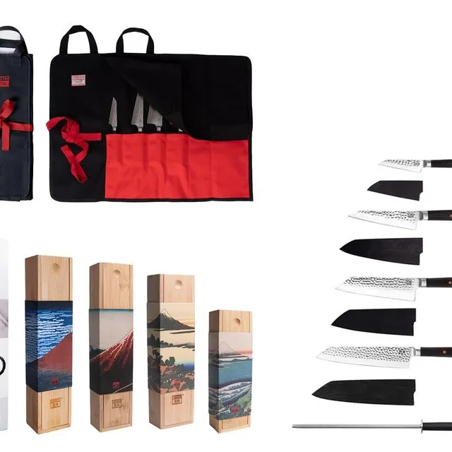 Bunka Complete Set Deluxe : 4 knives (Bunka paring knife + Bunka Petty + Bunka Santoku + Kiritsuke) + 2 accessories ( 100% cotton roll-up knife bag + honing steel)