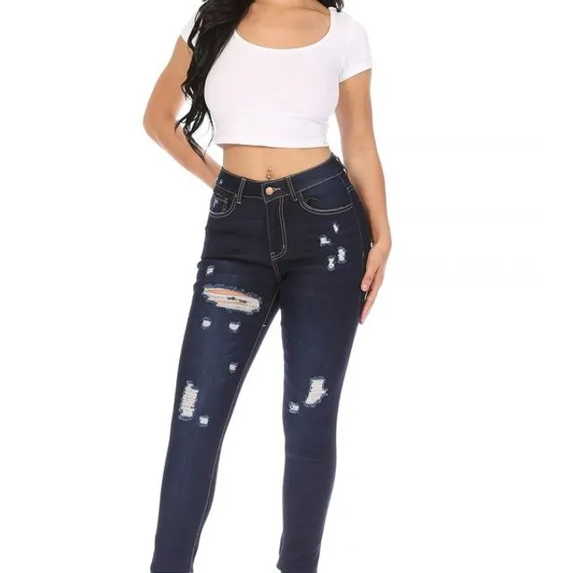 High Rise 5 pocket Distressed Denim Skinny Jean with Frayed Hem Indigo (12 pcs multiple sizes pack)