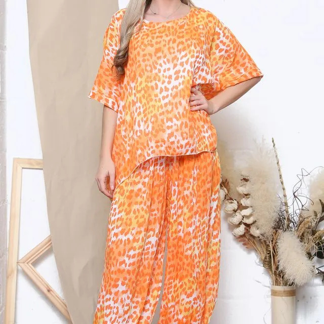 2070LEOHAREM - Orange leopard print harem set
