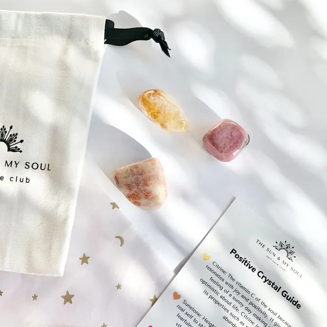 Positive Crystal Kit (set of 3 - citrine, sunstone, rhodonite) with Crystal Guide and Organic Cotton Drawstring Linen Bag