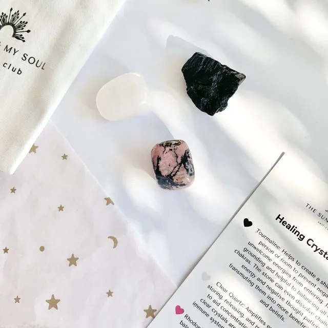 Healing Crystal Kit (set of 3 - black tourmaline, clear quartz, rhodonite) with Crystal Guide and Organic Cotton Drawstring Linen Bag