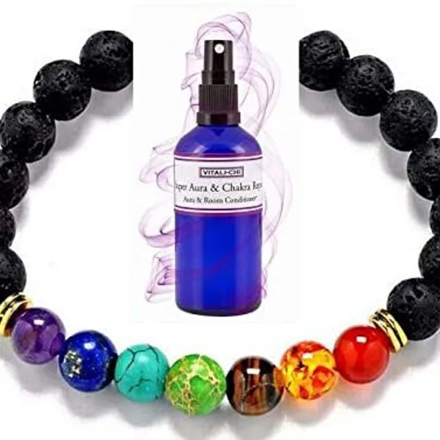 Super Aura Room Spray 100ml with 7 Chakra Bracelet Crystal Healing Stones by Vitali-Chi