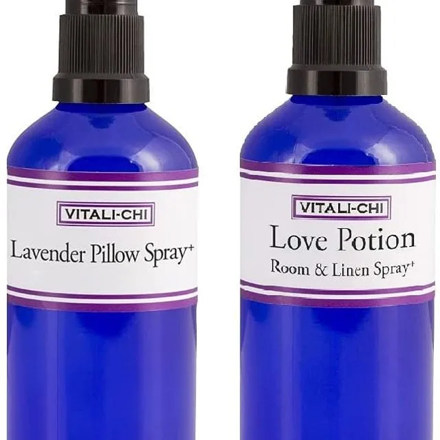 Vitali-Chi Lavender Pillow and Love Potion Aura, Linen & Room Spray Bundle - with Lavender and Chamomile, Rose Geranium and Ylang Ylang Essential Oils - 50ml
