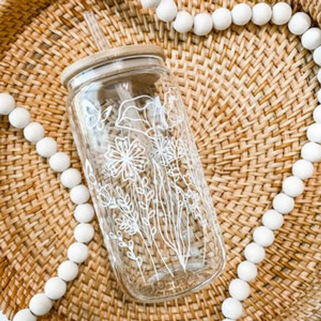 16oz White WildFlower Wrap Glass Jar- Floral, Summer, Iced Coffee