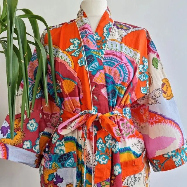 Pure Cotton Handprinted House Robe Tropical Kimono - Orange Exotic Abstract Spark Crush Festival Paradise | Beach Coverup/Comfy Maternity