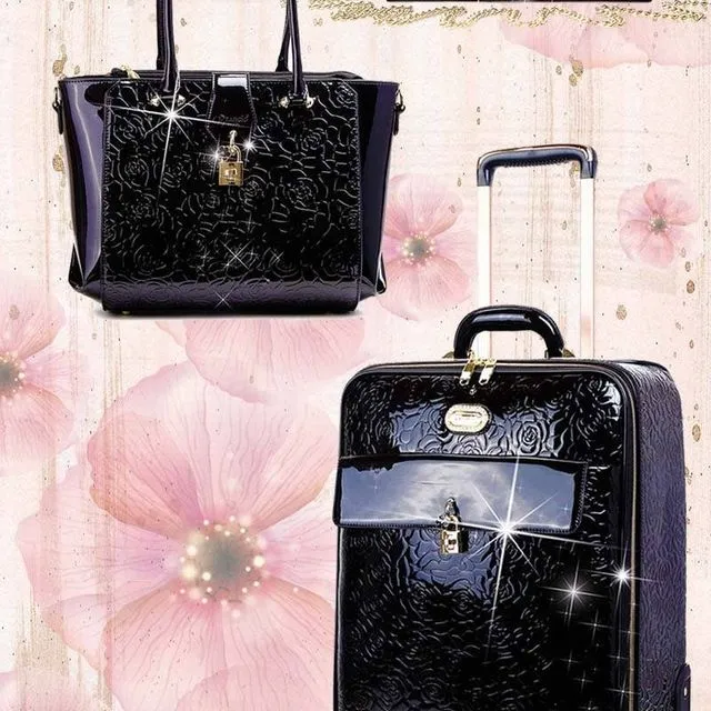 Rosy Lox Luggage 3 Pcs. Vegan Leather Suitcase Set - Black Luggage + Handbag + Wallet