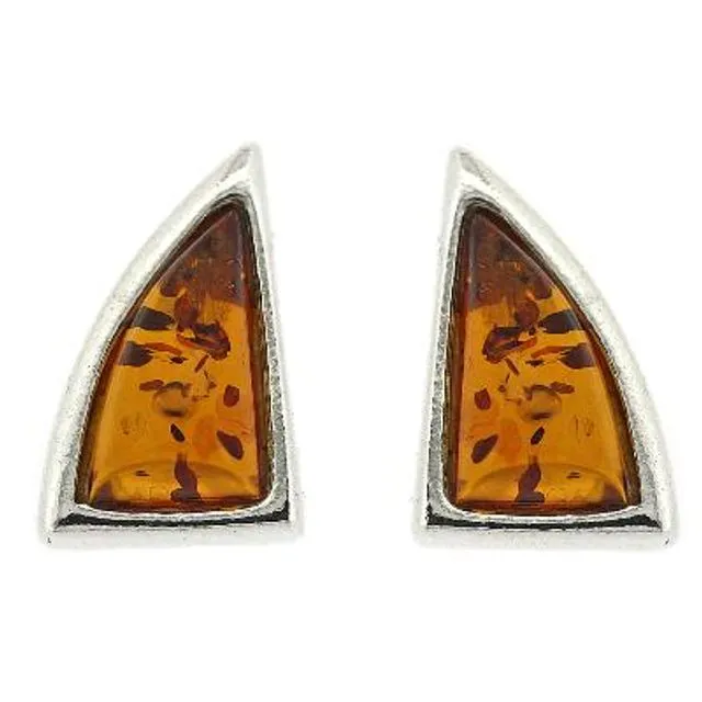 Sterling Silver and Cognac Amber Triangle Stud Earrings and Presentation Box