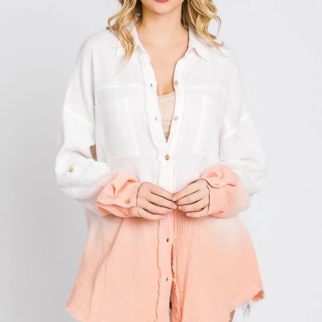 DIP DYED OMBRE WRINKLED GAUZE BUTTON DOWN SHIRT-PEACH