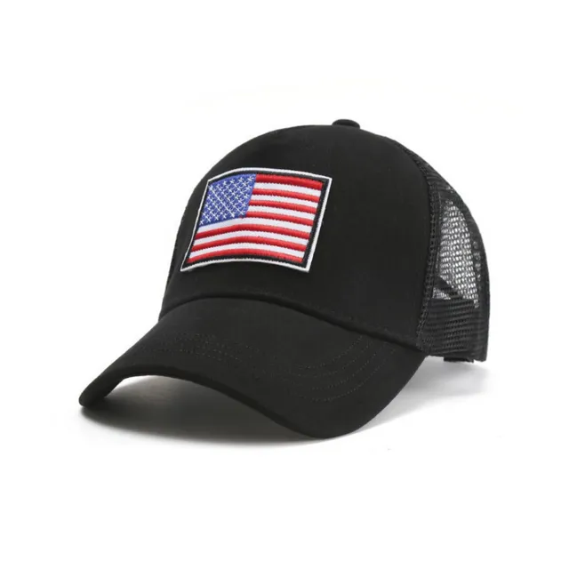 American Flag Trucker Hat with Adjustable Strap | Breathable & Unisex Black w Red White & Blue Flag