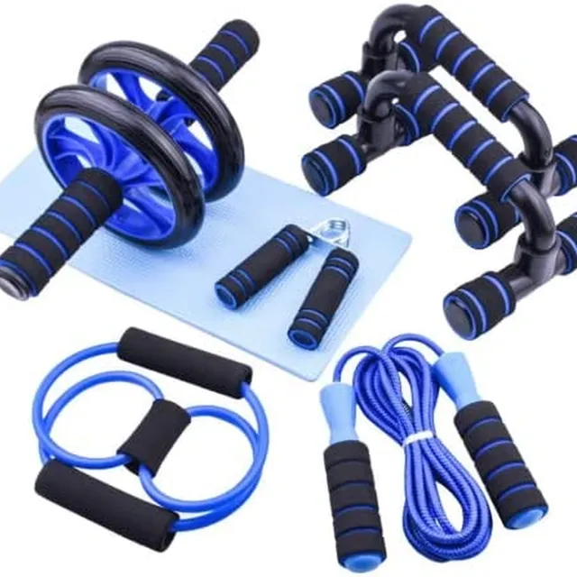 7-IN-1 Ab Roller Wheel Set, 2 Push-Up Bars, Resistance Band, Skipping Rope, Hand Grip and Knee Pad, Fitness Workout at Home