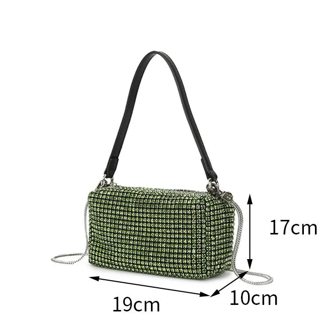 Medium Clutch Evening Bag Prom Pouch Beautifully Crafted Party Bag in White Crystal Rhinestone - D-001 L green
